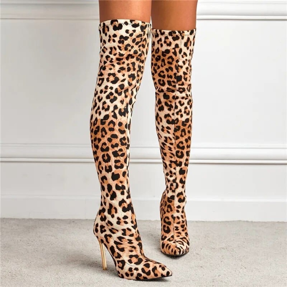 LEOPARD PRINT KNEE HIGH Fashionable Pointed Toe Over-the-Knee Stiletto Boots